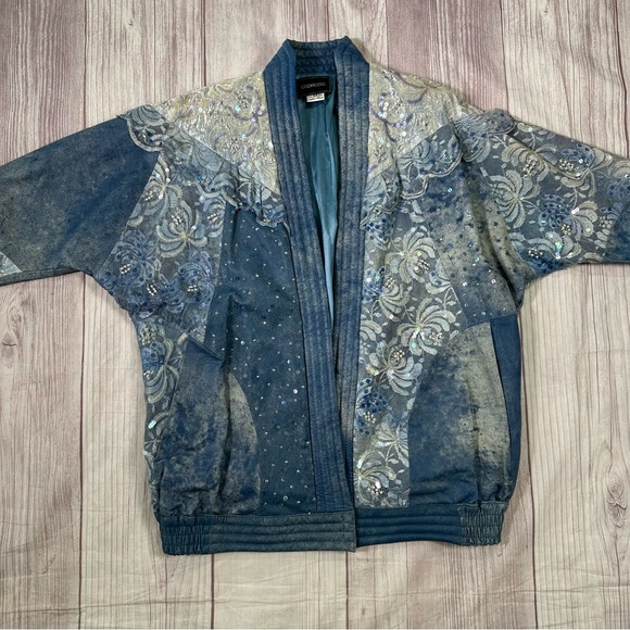 Women’s vintage 80s Capriccio Lace, Sequins, & Beaded Blue Blazer Jacket - Picture 4 of 8